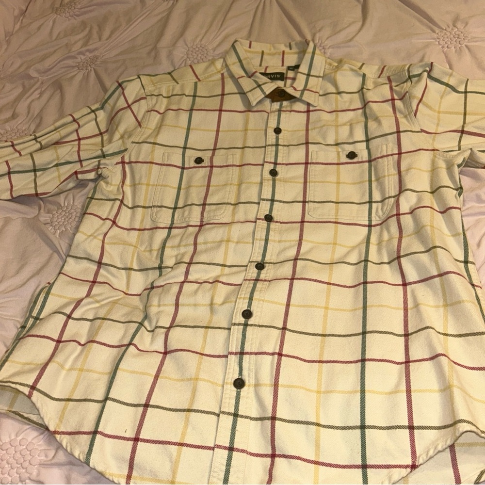 Orvis The Perfect Flannel Shirt Mens Plaid Button Up Suede Trim size Xl